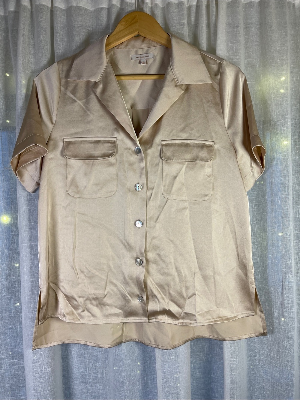 Skies Are Blue Short-Sleeve Satin Button-Down in Soft Gold Beige
